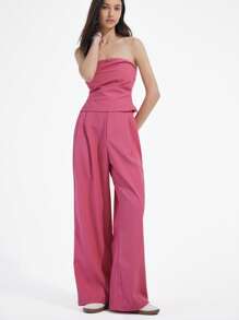 Chiquease Women 2Pcs Set Casual Loose Asymmetrical Ruffle Tube Top And Wide Leg Pants Suit For Commute And Vacation, Pink - Pink - View 3