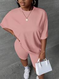Slaydiva 2 Pieces Set Casual Pink Simple Style Outfit, Suitable For Plus Size Women In SummerSummer Outfits For Women