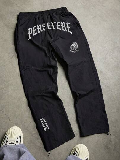 Manfinity Sport Corelite 男士字母印花抽绳休闲口袋运动裤，黑色运动裤，男士运动裤，运动裤，Persevere 运动裤，秋季透气运动裤