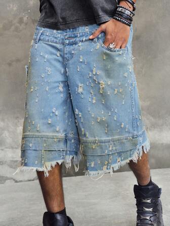 Men's Grunge Distressed Dual-Waistband 3/4 Length Baggy Denim Shorts