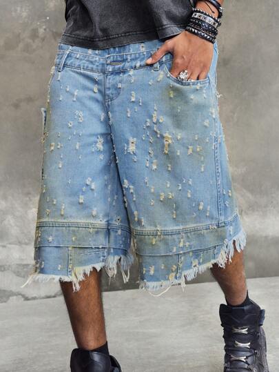 Shorts en jean 3/4 à double ceinture effet délavé pour hommes