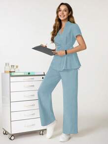 TaskEZ Solid Color V-Neck Scrub Top And Pants Scrub Uniform Set Women Tops Summer Scrub Sets For Women Nurse Scrub Sets Women Scrubs Scrub Sets Professional Clothes Women Sets - Blue - View 2