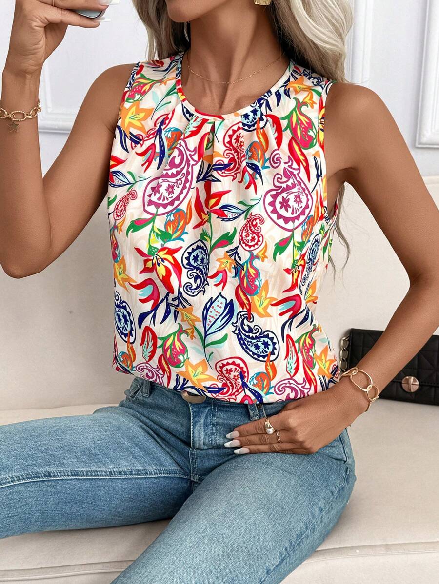 SHEIN Clasi 女士无袖佩斯利印花翻领衬衫，夏季女装，可爱夏季上衣，优雅度假休闲波西米亚风，适合毕业典礼、舞会、早午餐、婚礼宾客、教堂等场合。 - 彩色 - 查看 1