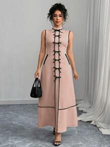 Chiquease Vestido Longo com Decote Redondo, Sem Mangas e Laço para Mulheres - Rosa Bebê - Visão 6