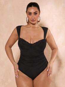 SHEIN BAE Elegant Plus Size Women's Black Mesh Bodysuit, Suitable For Holiday, Commute, Music Festival, Wedding Season - Black - View 6