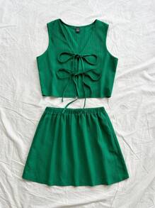 Soleia Bohemian ,Boho, Romantic Floral ,Vacation, Floral 4th Of July Clothes Summer Two Pieces Set Rave Outfits Festival Festival New Years Eve Outfits/Coquette Outfitcold Weather Outfits/Ice Skating Outfitidate Night Outfit Vacation Outfits Woman 2 Pieces Set: Casual Vacation-Wear Green Shirt With Bowknot + Low Waist Short Skirt,Party