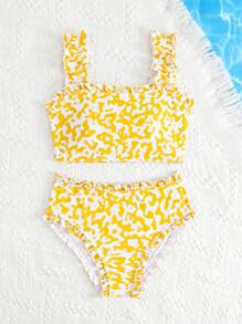 Preteen Tween Girl' Orange Ditsy Floral Wide Strap Ruffle Trim Bikini Swimwear, Mommy And Me Matching Outfits (3 Sets Are Sold Separately) - Multicolor - View 6