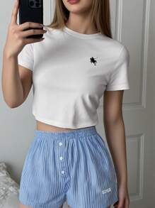 SHEIN Pantalones de pijama de cintura elástica con botones y decoración de rayas para adolescentes, ropa de dormir para graduación