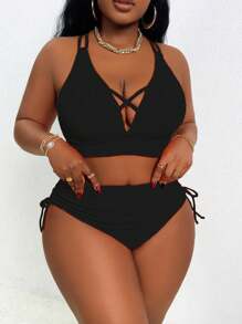 Slaydiva 加大码 2 件纯色前交叉抽绳吊带上衣搭配同款褶饰抽绳收腹三角裤性感优雅女士泳装套装
