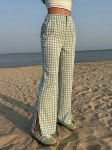 Jouncy 女士休闲高开叉双色格子长裤，简约风格适合夏季 - 綠色 - 查看 1