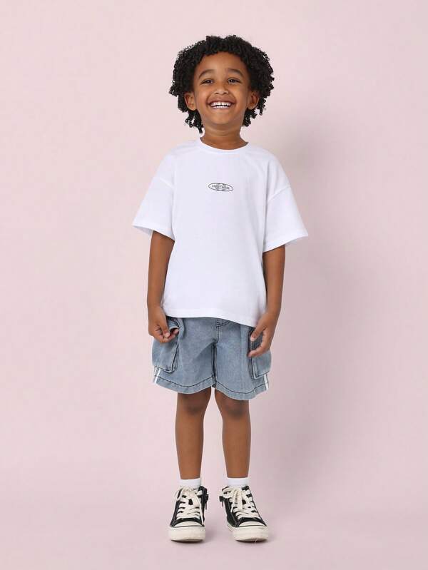 SUMWON Conjunto casual de verano para niños, de dos piezas, con camiseta y pantalones cortos vaqueros, estilo callejero y urbano, vuelta al colegio, uso diario, cómodo y relajado