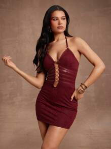 Hauture Mini Dress With PU Strap And Lace Detail - Burgundy - View 3