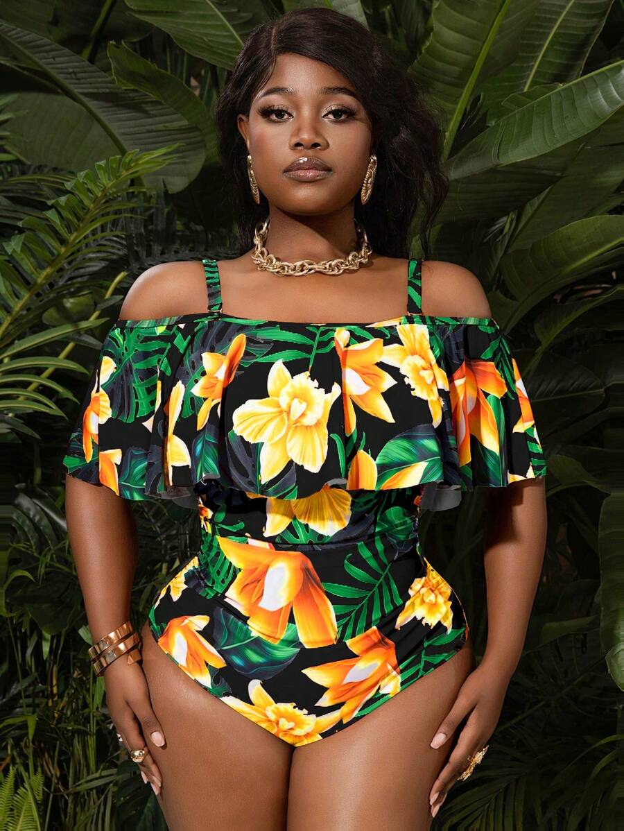 Slaydiva Plus Size One-Piece Swimsuit With Large Tropical Floral Print And Ruffle Hem For Summer Beach Vacation - Multicolor - View 1