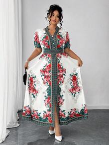 Elenzga Plus Size Women Casual Elegant Versatile Artistic Print Long Dress, Suitable For Summer, Back To School, Graduation, Festivals, Valentine's Day, Music Festivals, Mother's Day, Halloween, Thanksgiving, Easter, National Day, Dances, Dates, Parties, Outdoor Activities - Multicolor - View 4