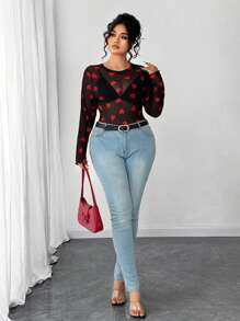 Elenzga Plus Size Sexy Heart Mesh Bodysuit, Stylish Fitted Long Sleeve Graphic Tee, Slim Fit Heart Mesh Top