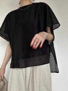 FRIFUL Women's Black Loose Drop Shoulder Shirt, Business Casual Summer - Black - View 3