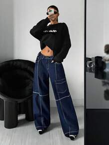 SHEIN ICON Y2k Women's Going Out Low-Rise Cargo Pocket Flared Leg Casual Jeans