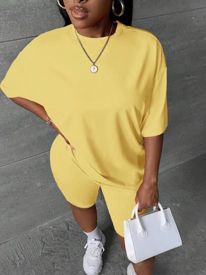 Slaydiva 音乐节节日风格大码女式夏季休闲纯色短袖上衣和短裤套装