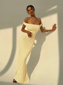 Aloruh 女士白色婚礼季节露背褶饰性感露肩紧身连衣裙 - 黃色 - 查看 8