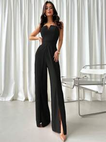 Firerie 推出新款优雅、浪漫、时尚女装，女士黑色连体裤，端庄大方，V 领设计，下摆开衩褶皱设计。非常适合音乐会和音乐庆典、生日派对、日常时尚穿着、度假穿着、都市时尚、时装秀、返校时尚，也适合浪漫约会、婚礼和春夏童话核心活动。 - 黑色 - 查看 3