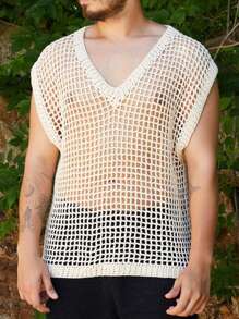 Manfinity Hypemode Men's Solid Color V-Neck Hollow Out Loose Knit Sweater Mesh Top Men