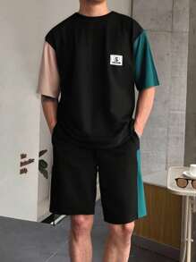 RueChic Conjunto de camisetas regulares de algodón para hombres con bloques de color y parches