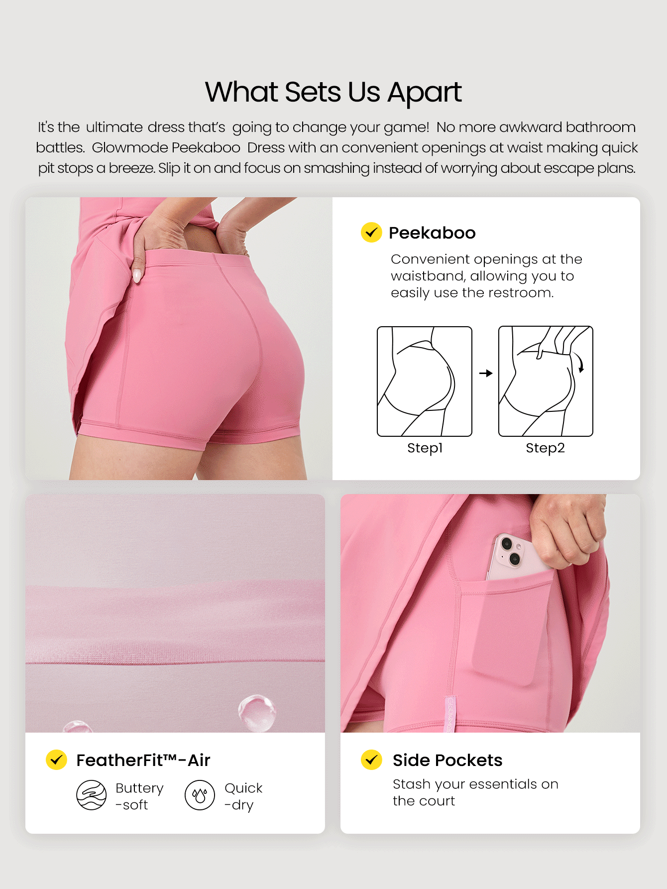 GLOWMODE Váy ngắn Peekaboo FeatherFit™-Air có quần short tích hợp, cổ vuông bỏ túi, chống trượt, dáng chữ thập, hỗ trợ nhẹ, tác động thấp, khô nhanh, thấm hút ẩm - Hồng - Xem 2