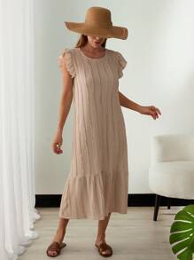 EURMUSE Đầm suông cổ tròn tay lửng viền bèo nhún màu trơn cho nữ - Màu be - Xem 3