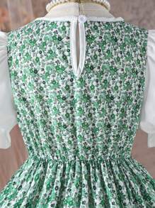 1pc Ruffle Trim Short Sleeve Blouse Patchwork Ditsy Floral Crochet Lace Bohemian Dress For Tween Girls - Green - View 5