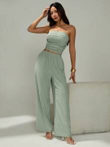 SHEIN PETITE 女士 2 件套夏季休闲纯色褶饰抹胸上衣和长裤 - 綠色 - 查看 6