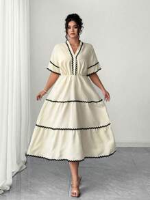 Elenzga Women's Plus Size Contrast Color Textured Fabric Casual Vacation Dress - Apricot - View 6