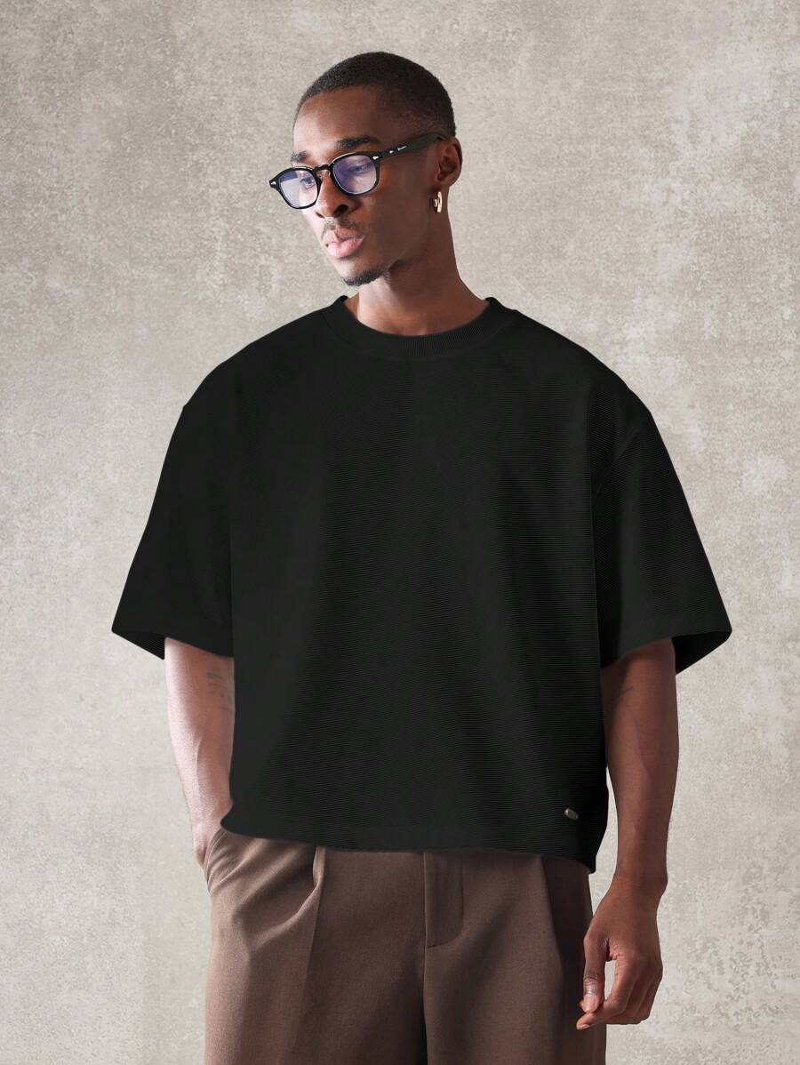 SUMWON Essential Boxy Ottoman Jersey T-Shirt Oversized Streetwear Urban Fashion Casual Loungewear Comfortable Daily Wear Modern Style Year-Round Basic - Black - View 1