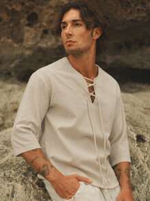 HIMLAND Loose Fit Men's Lace-Up Front Drop Shoulder High-Low Hem Top, Fall, Old Money, Couple Things - Beige - View 1