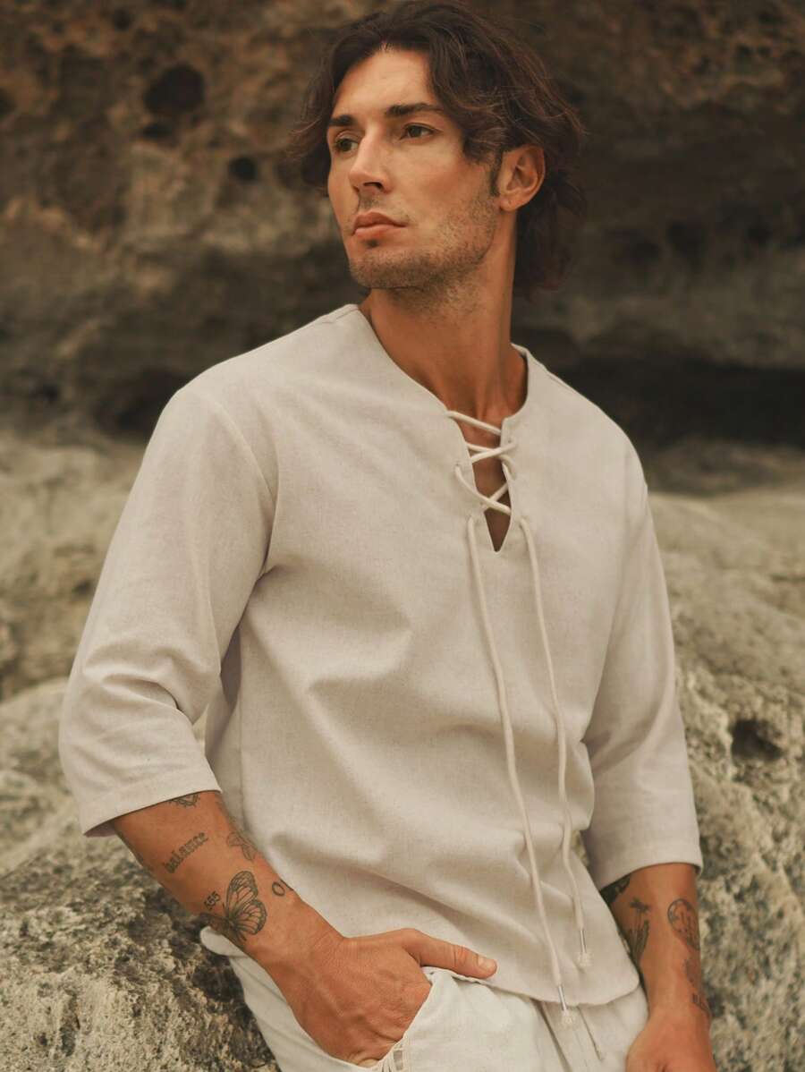 HIMLAND Loose Fit Men's Lace-Up Front Drop Shoulder High-Low Hem Top, Fall, Old Money, Couple Things - Beige - View 1