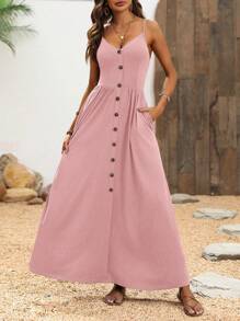 Breezaya Cami V-Neck Casual Dress With Oversized A-Line Beach Style Maxi Vacation Beach Outfits Women - Baby Pink - View 5