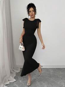 Rafferiza Elegant Bowknot Shoulder Straps Bodycon Ruched Fishtail A-Line Long Dress For Women, Red - Black - View 4