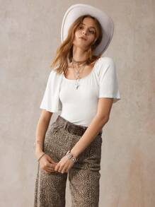 SHEIN LUNE Summer White Ruffled Puff Sleeve Form-Fitting T-Shirt, Western Rustic Romantic Vacation Topwear - White - View 3