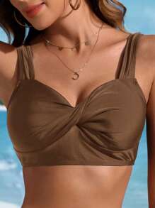 Swim Lushoire Women's Solid Color Twist Design Bikini Top, Summer Beach - Brown - View 3