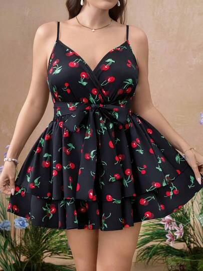 Flirla 大码女式樱桃印花休闲连身裤