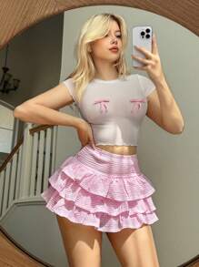 Sweetina Falda A-line casual de mujer con estampado de rayas, lazo, flores y volantes en el bajo, para verano, Pascua, Ibiza, aeropuerto - Rosa - Ver 6