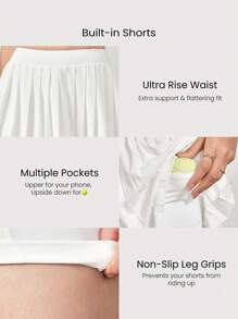 GLOWMODE FeatherFit™-Air Sweat-Wicking Quick-Dry Tummy Control Ultra High-Rise Waist V Hip Line Skirt With Built-In Shorts Side Pockets Non-Slip Grips Low Impact Tennis Golf Pickleball Daily Wear