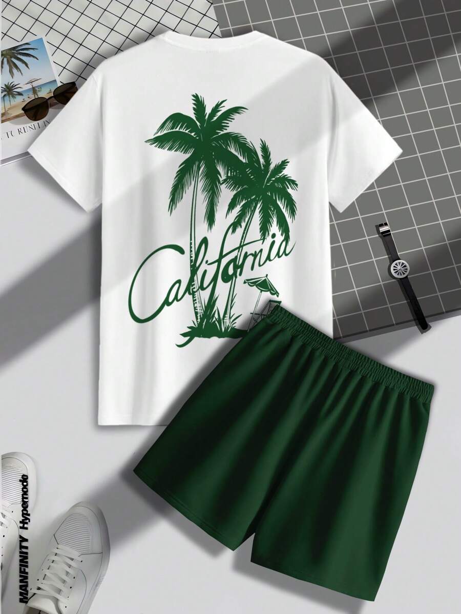 Manfinity Chillmode Men's Slim Fit Plant Printed Short Sleeve T-Shirt And Green Shorts Set Men Vacation Men T Shirt Co Ords - Multicolor - View 1