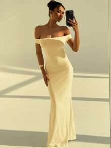 Aloruh 女士白色婚礼季节露背褶饰性感露肩紧身连衣裙 - 黃色 - 查看 3