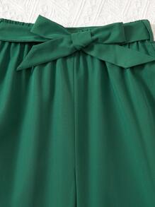 SHEIN 2 件套 Tween 女童花卉印花荷叶边下摆上衣和系带绿色裤子套装