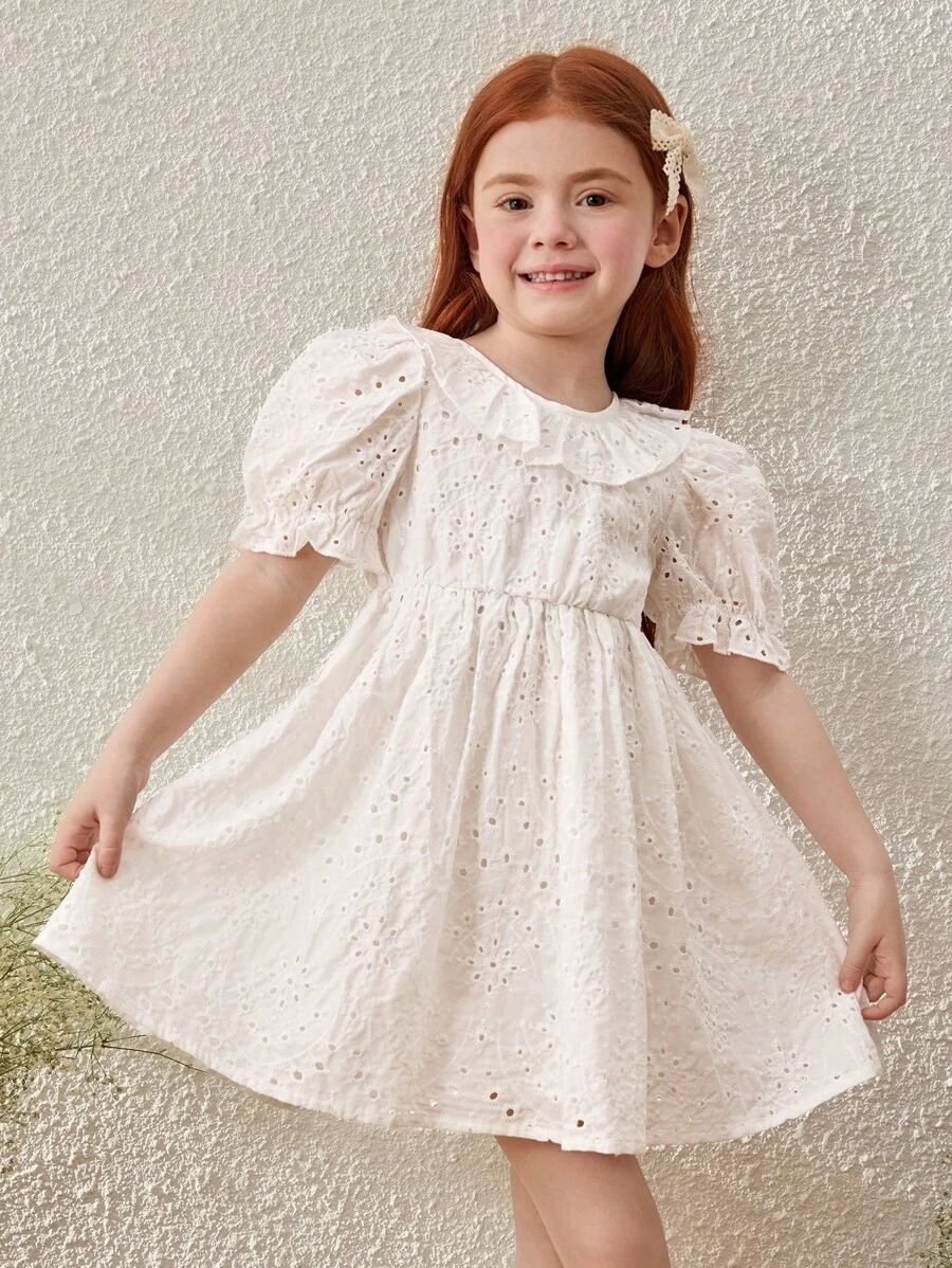 Blossori Young Girls' French Style Elegant Beige Ruffle Collar Embroidered Cotton Dress, Spring/Summer