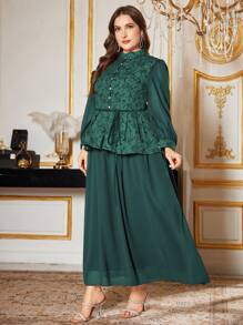 Modelyn Plus Size Contrast Panel Stand Collar Elegant Dress - Green - View 3