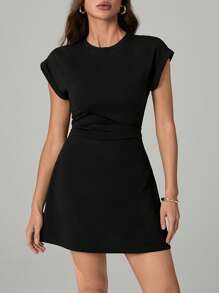 SHEIN Tall Casual Plain Knitted Round Neck Short-Sleeved Side Drawstring Women's Mini Dress, Basic Summer Wear,Business Casual Woman,Summer Dresses For Women - Black - View 7