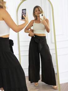 KURAYIA Pantalones anchos con cintura plisada y lazo delantero de mujer, estilo suelto para primavera y verano, ideal para vacaciones