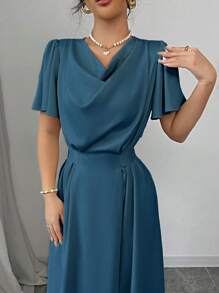 Elenzga Vestido largo con cuello drapeado, cintura ajustada y espalda descubierta con moño, en satén champán, adecuado para el Día de San Valentín y bodas