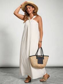 Freevana Plus Size Solid Color Halter Long Casual Dress Graduation Dress Sun Dress Summer Outfits For Women Easter Outfit Women Festival Rave Bohemia Graduation Wedding Guest Dress Women  Vacation Boho Festival Outfits Country Concert Outfit Brunch Outfits For Women Easter Outfit Curve